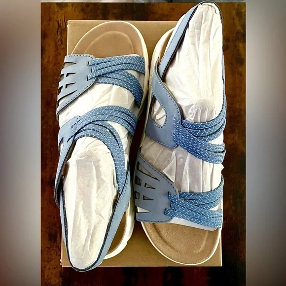 Earth Vernon Leather Blue Comfort Flat Sandals 7M Arch Support Shoe NWT & Box - Picture 11 of 15